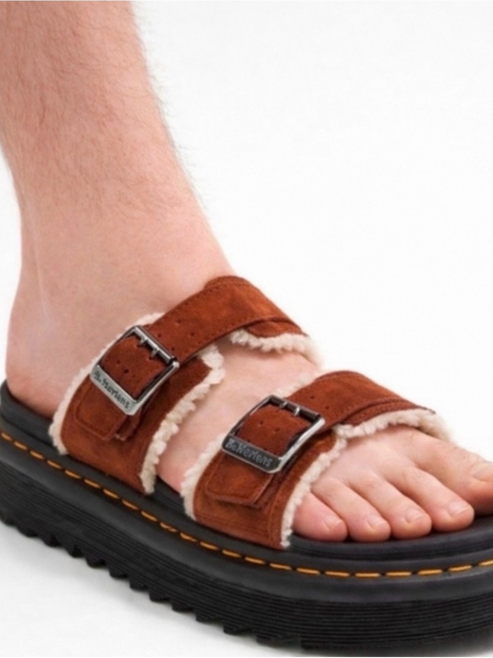 Dr. Martens Brown Suede Shearling Double-Buckle Slide Sandals